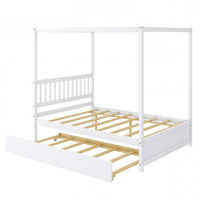 White Full Size Canopy Platform Bed with Twin Roller Trundle Bed Image 1