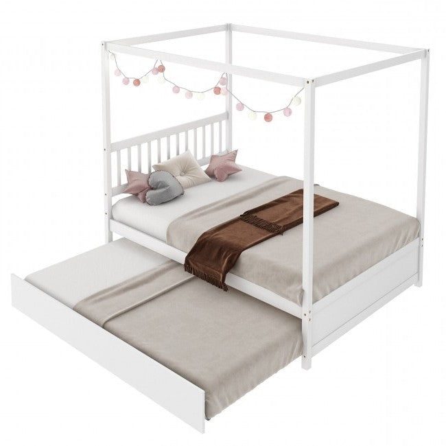 White Full Size Canopy Platform Bed with Twin Roller Trundle Bed Image 2