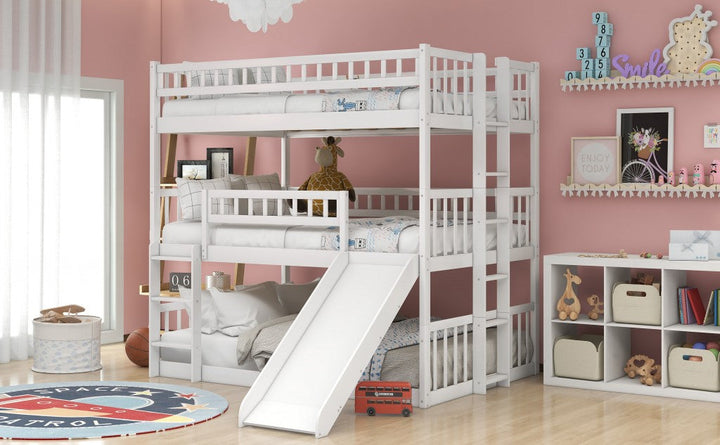 White Full Over Full Over Full Contemporary Bunk Bed With Slide Image 5