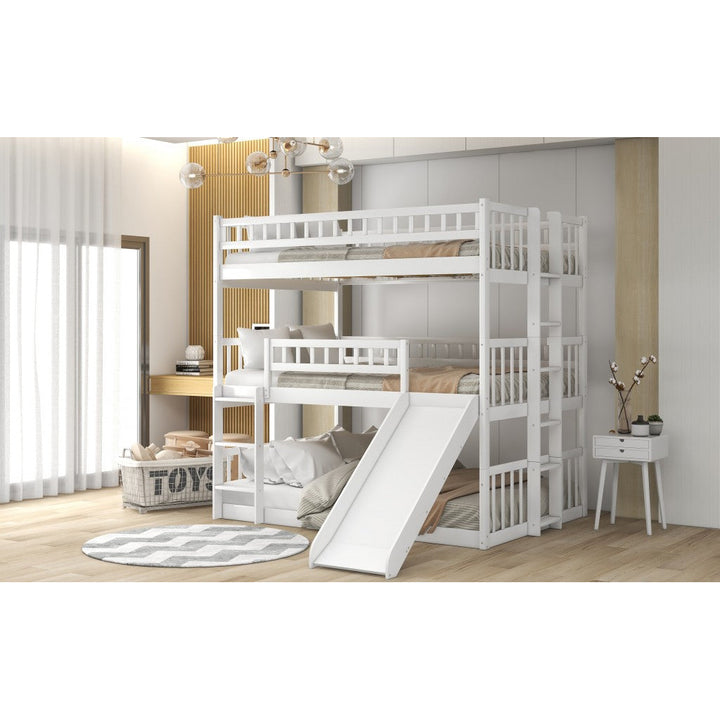 White Full Over Full Over Full Contemporary Bunk Bed With Slide Image 6