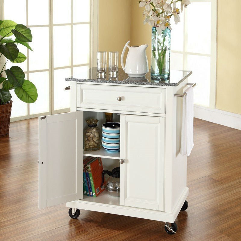 White Kitchen Cart with Granite Top and Locking Casters Wheels Image 1