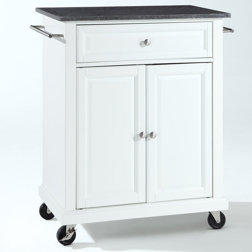 White Kitchen Cart with Granite Top and Locking Casters Wheels Image 2