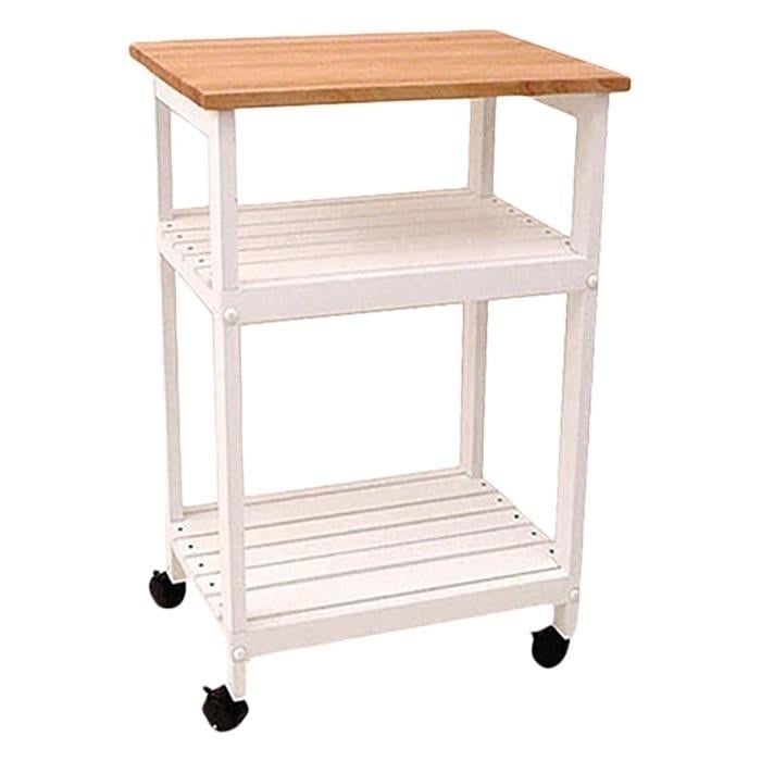 White Kitchen Microwave Cart with Butcher Block Top and Locking Casters Image 1