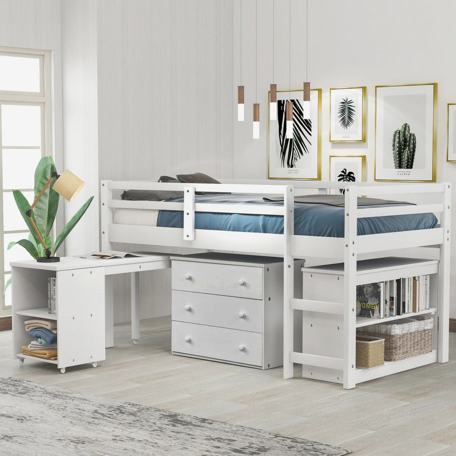 White Low Twin Loft Bed With Cabinet and Desk Image 1