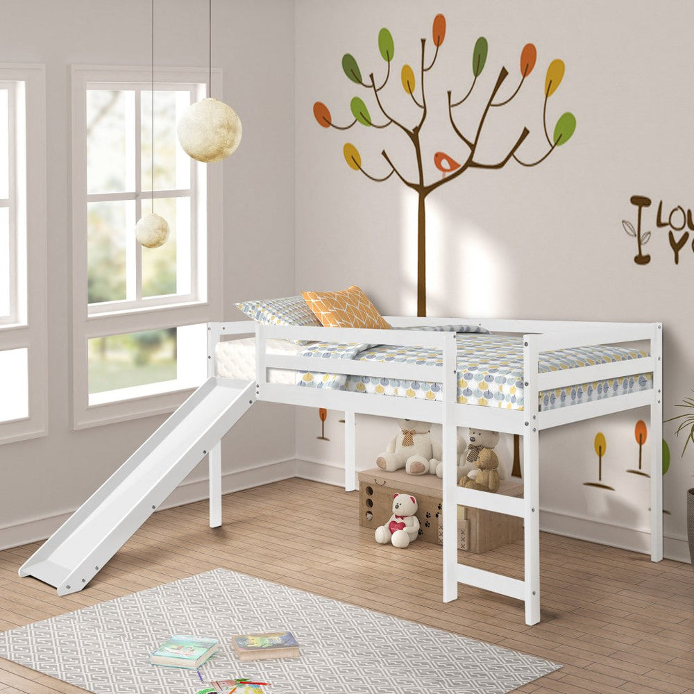 White Low Loft Bed With Slide Image 2