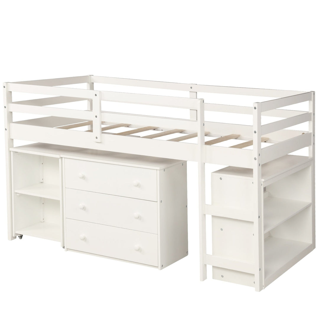 White Low Twin Loft Bed With Cabinet and Desk Image 2