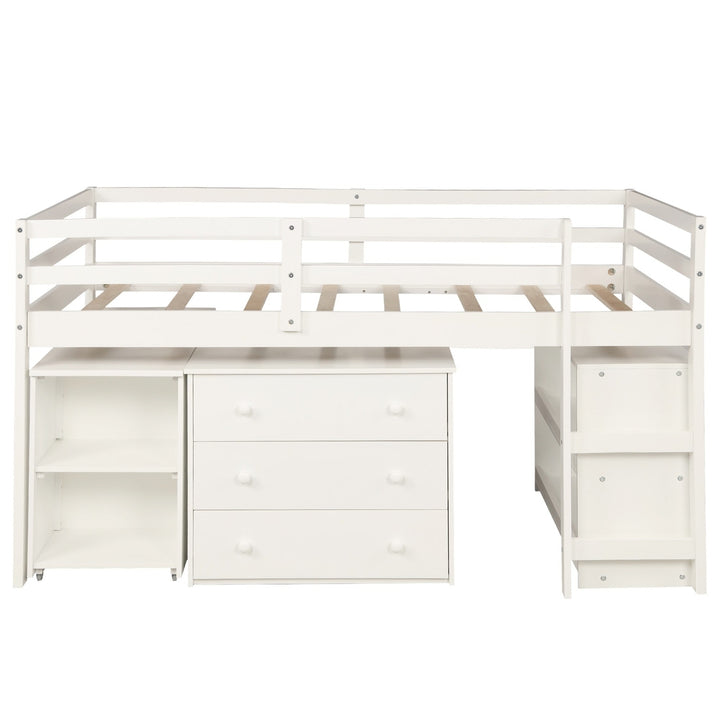 White Low Twin Loft Bed With Cabinet and Desk Image 3