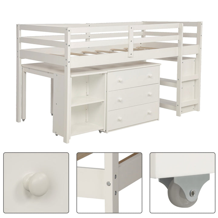 White Low Twin Loft Bed With Cabinet and Desk Image 7