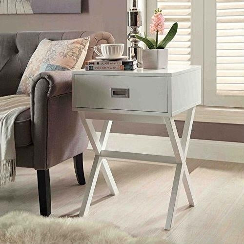 White Modern 1-Drawer End Table Nightstand with X-Legs Image 1