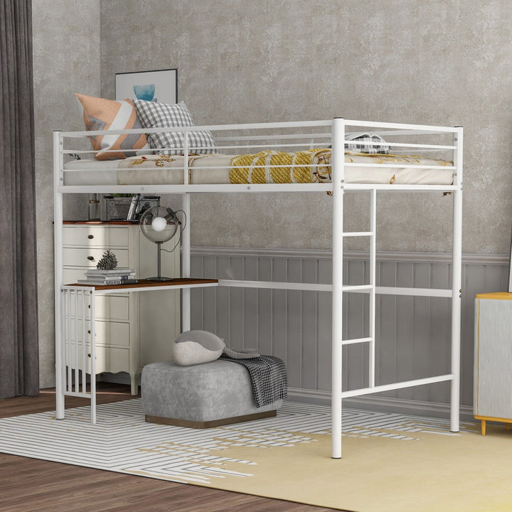 White Metal Twin Size Loft Bed with Desk Image 1