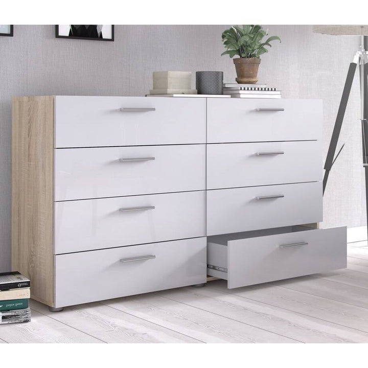 White Modern Bedroom 8-Drawer Double Dresser with Oak Finish Sides and Top Image 2