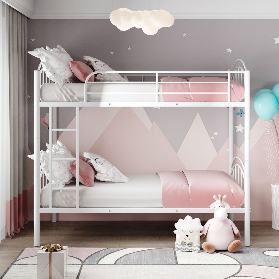 White Modern Classic Twin Over Twin Metal Bunk Bed Image 2