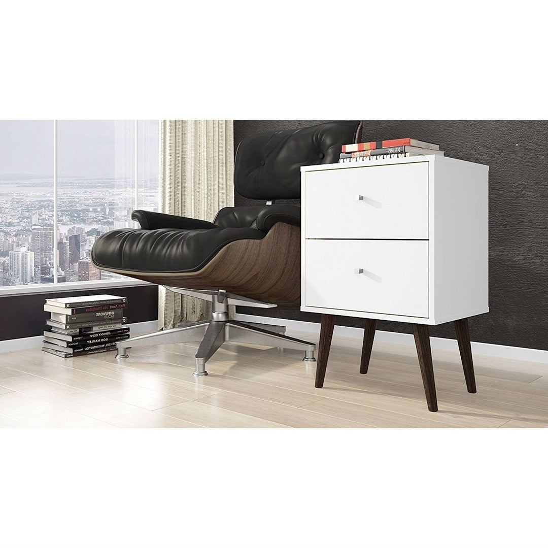 White Modern Mid-Century Style 2-Drawer Side Table Nightstand Image 3