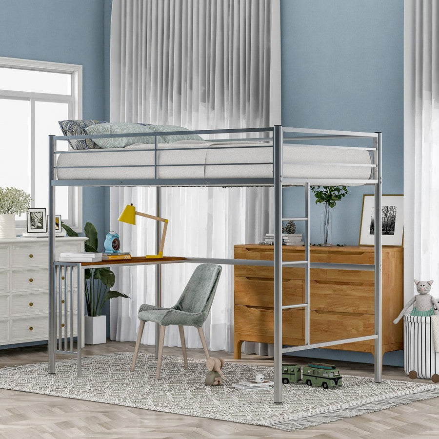 Silver Metal Twin Size Loft Bed with Desk Image 1