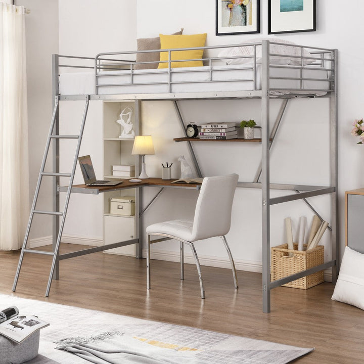 Silver Metal Loft Bed with L Shaped Desk and Shelf Image 1