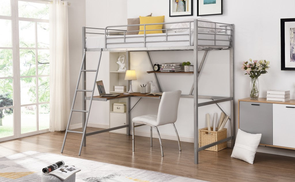 Silver Metal Loft Bed with L Shaped Desk and Shelf Image 3