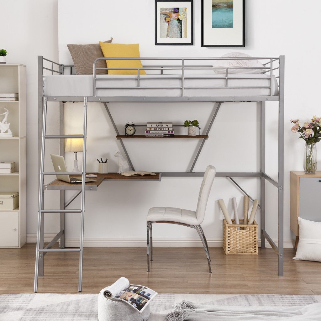 Silver Metal Loft Bed with L Shaped Desk and Shelf Image 4