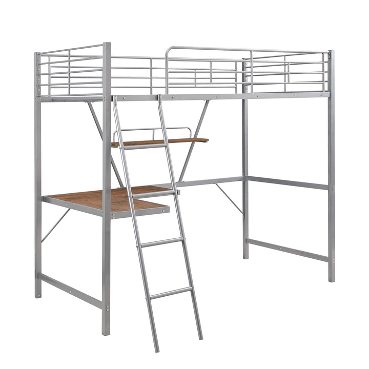 Silver Metal Loft Bed with L Shaped Desk and Shelf Image 5