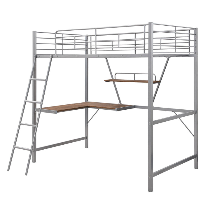 Silver Metal Loft Bed with L Shaped Desk and Shelf Image 6