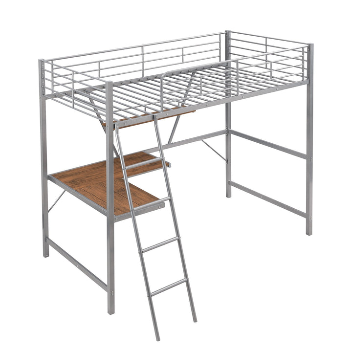 Silver Metal Loft Bed with L Shaped Desk and Shelf Image 7