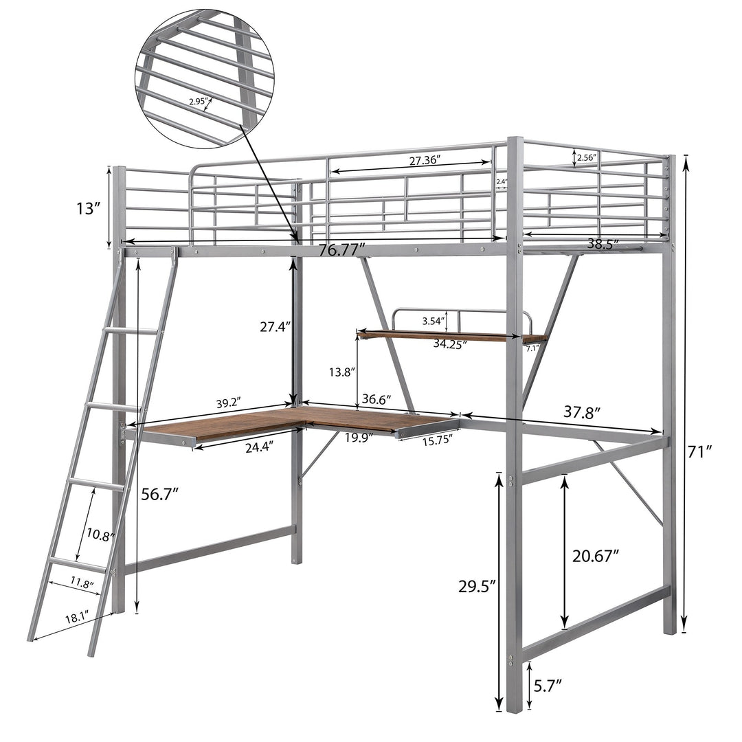 Silver Metal Loft Bed with L Shaped Desk and Shelf Image 8