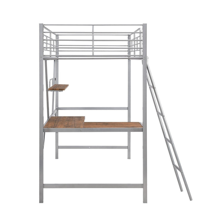 Silver Metal Loft Bed with L Shaped Desk and Shelf Image 9