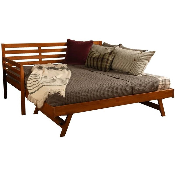 Solid Wood Day Bed Frame with Pull-out Pop Up Trundle Bed in Medium Brown Image 1