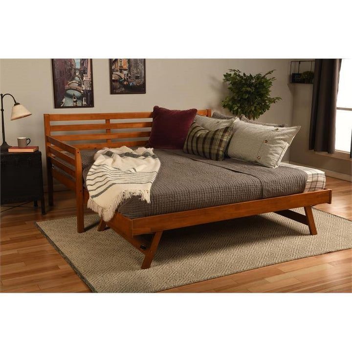 Solid Wood Day Bed Frame with Pull-out Pop Up Trundle Bed in Medium Brown Image 2