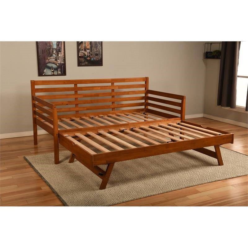 Solid Wood Day Bed Frame with Pull-out Pop Up Trundle Bed in Medium Brown Image 3