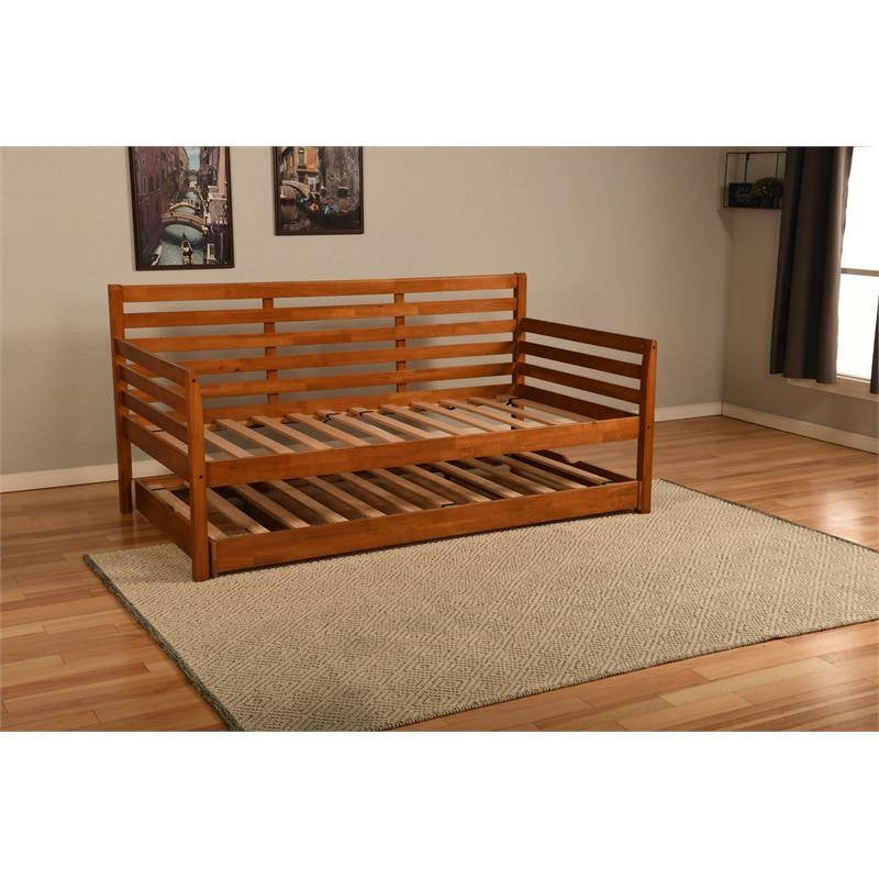 Solid Wood Day Bed Frame with Pull-out Pop Up Trundle Bed in Medium Brown Image 4