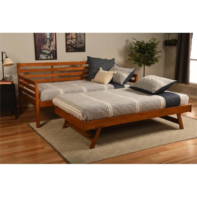 Solid Wood Day Bed Frame with Pull-out Pop Up Trundle Bed in Medium Brown Image 5