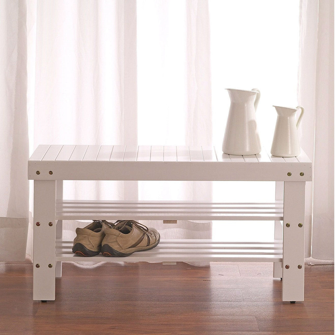 Solid Wood Shoe Rack Entryway Storage Bench in White Image 1