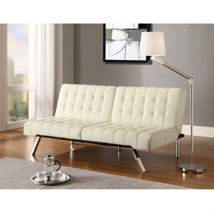 Split-back Modern Futon Style Sleeper Sofa Bed in Vanilla Faux Leather Image 2