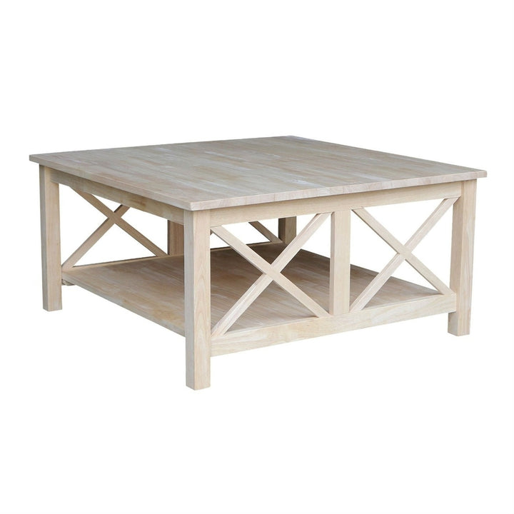 Square Unfinished Solid Wood Coffee Table with Bottom Shelf Image 1