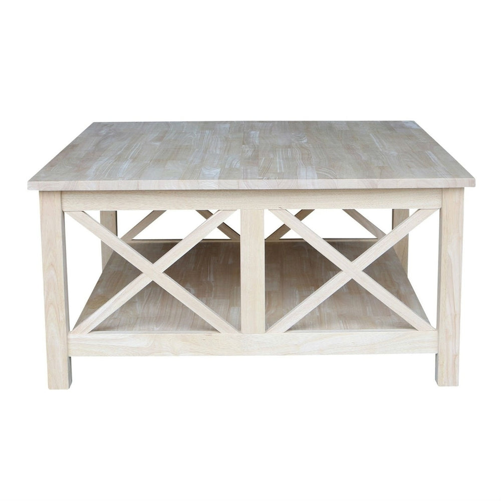 Square Unfinished Solid Wood Coffee Table with Bottom Shelf Image 2