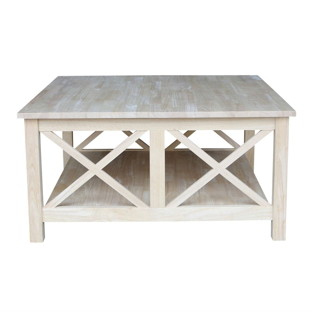 Square Unfinished Solid Wood Coffee Table with Bottom Shelf Image 2