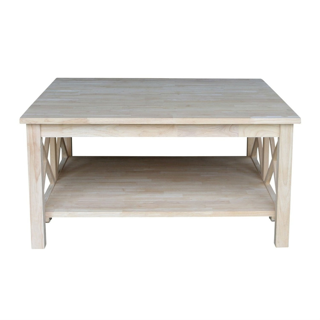 Square Unfinished Solid Wood Coffee Table with Bottom Shelf Image 3