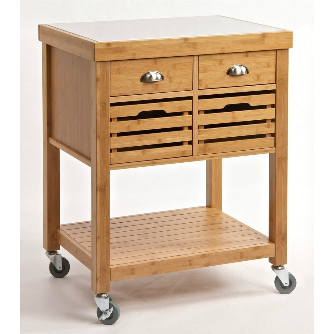 Stainless Steel Top Bamboo Wood Kitchen Cart with Casters Image 1