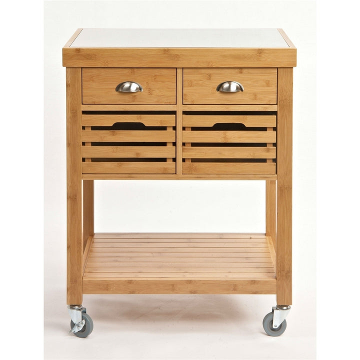 Stainless Steel Top Bamboo Wood Kitchen Cart with Casters Image 3