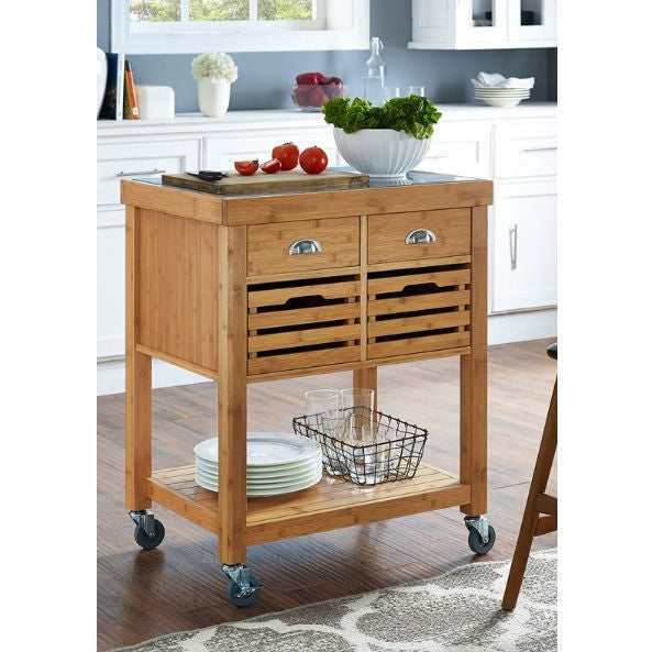 Stainless Steel Top Bamboo Wood Kitchen Cart with Casters Image 4