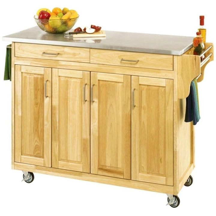 Stainless Steel Top Wooden Kitchen Cart Island with Casters Image 1