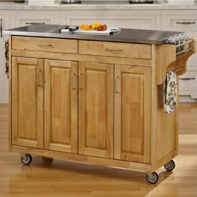 Stainless Steel Top Wooden Kitchen Cart Island with Casters Image 2