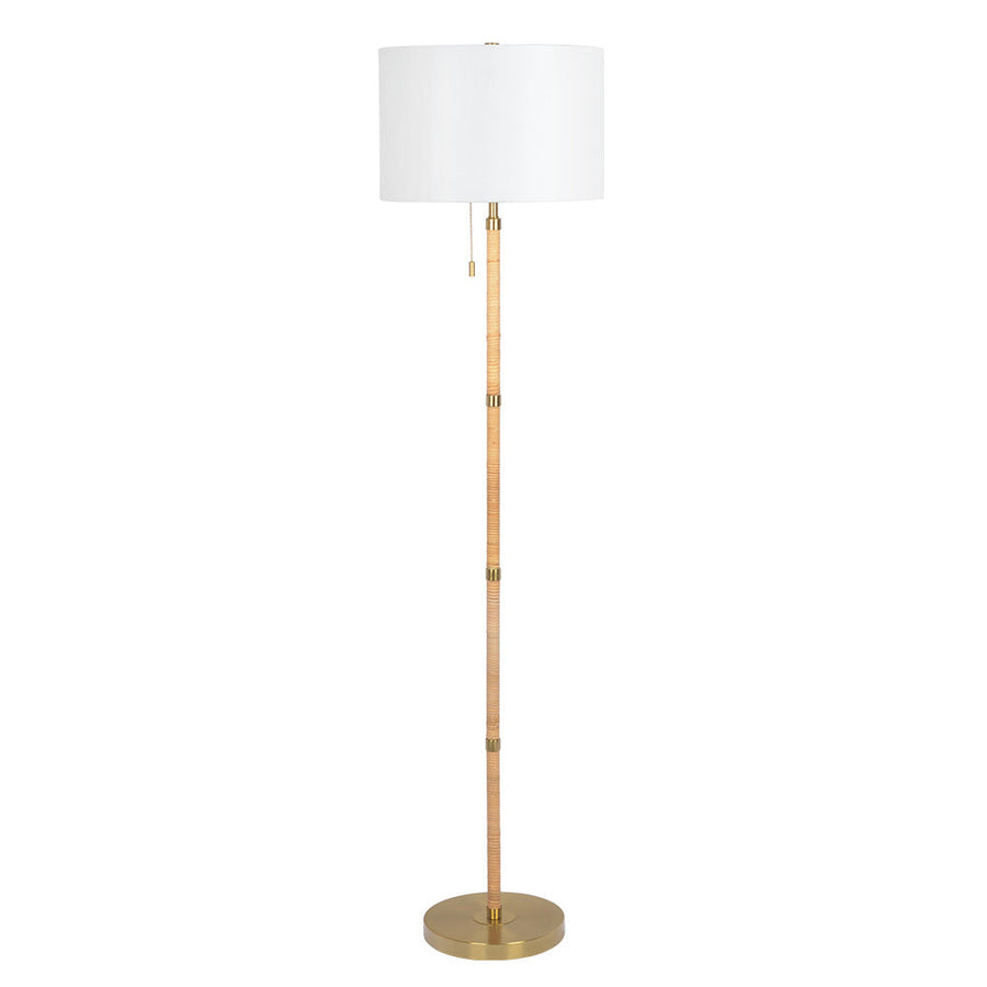 Stellar Wood Rattan Tube , Gold Brass Metal and White Linen Shade Floor Lamp Image 1