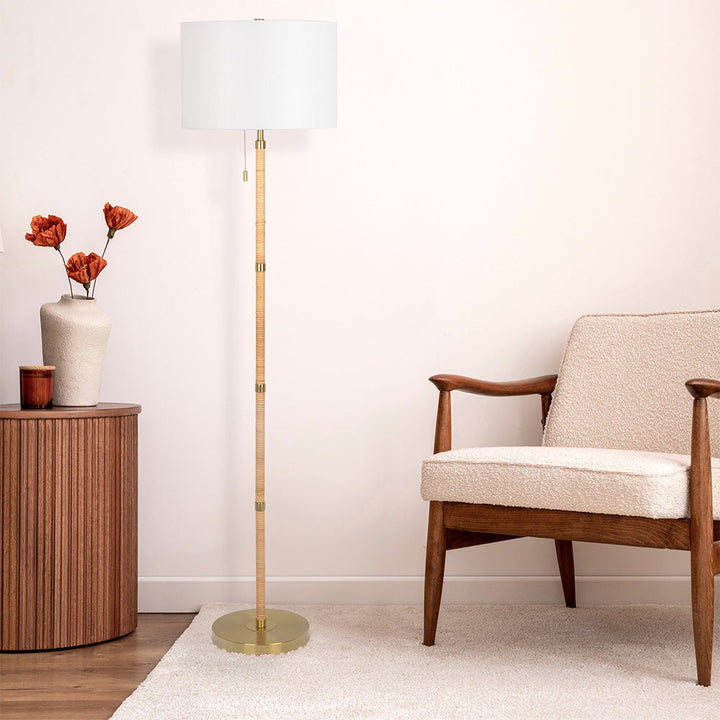 Stellar Wood Rattan Tube , Gold Brass Metal and White Linen Shade Floor Lamp Image 2