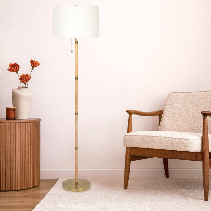 Stellar Wood Rattan Tube , Gold Brass Metal and White Linen Shade Floor Lamp Image 3