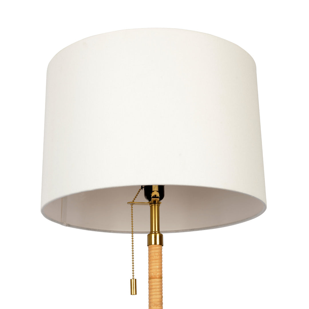 Stellar Wood Rattan Tube , Gold Brass Metal and White Linen Shade Floor Lamp Image 4