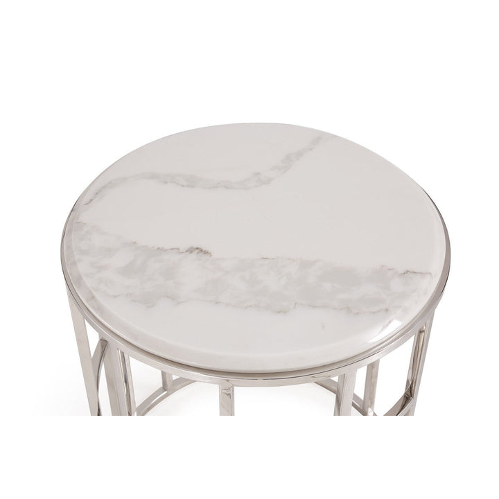 Stylish Silver And White Marble Round Geometric End or Side Table Image 2