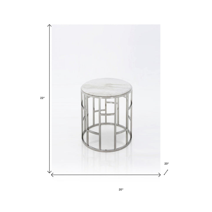 Stylish Silver And White Marble Round Geometric End or Side Table Image 5