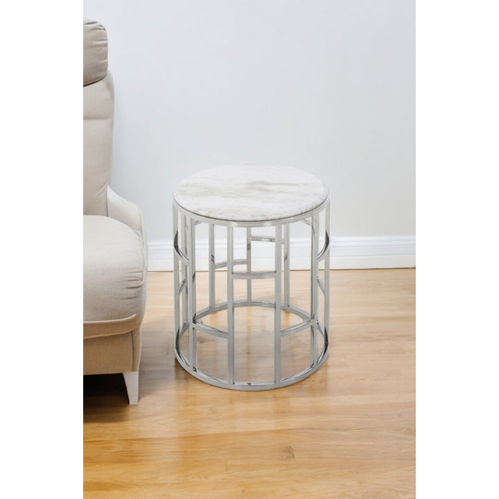 Stylish Silver And White Marble Round Geometric End or Side Table Image 6