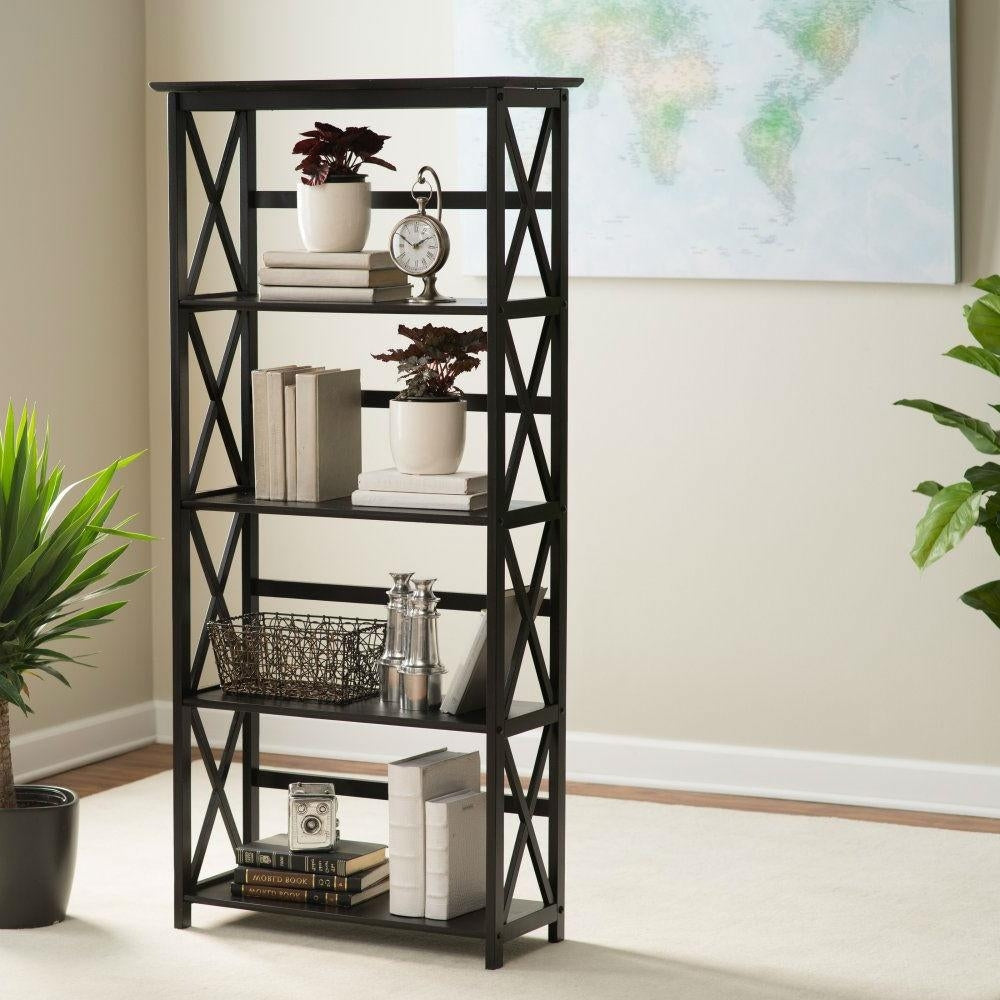 Tall 5-Tier Bookcase in Black Wood Finish Image 2